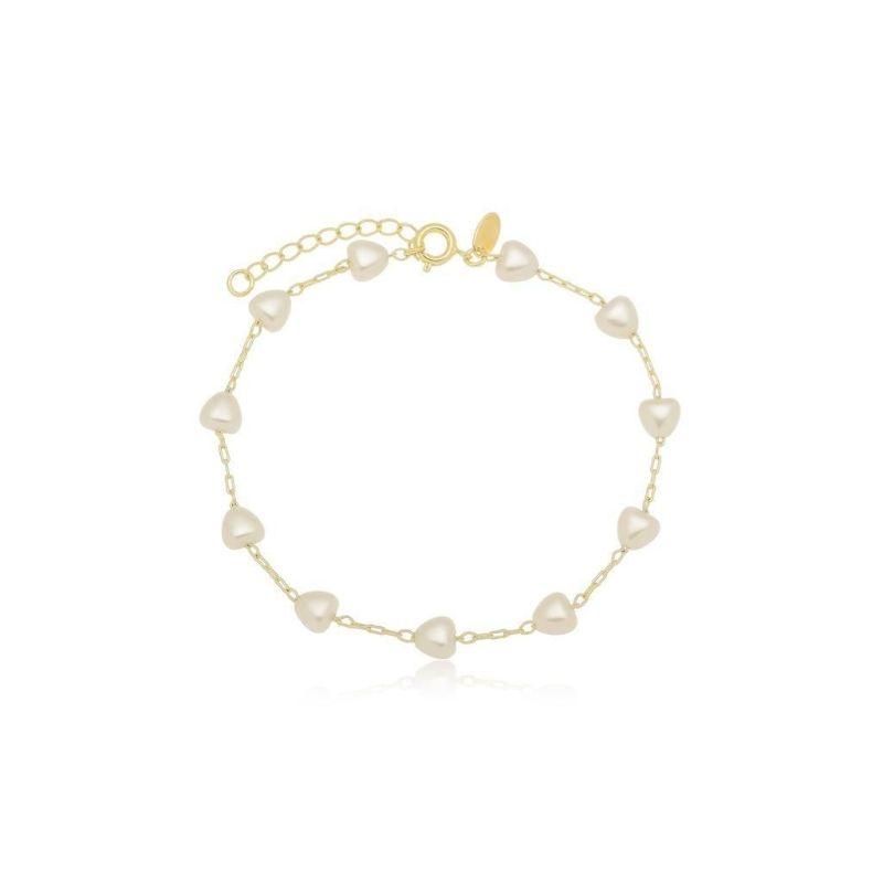 Pulseira Mini Corações em Pérolas 15cm + 5cm Banhado a Ouro 18k