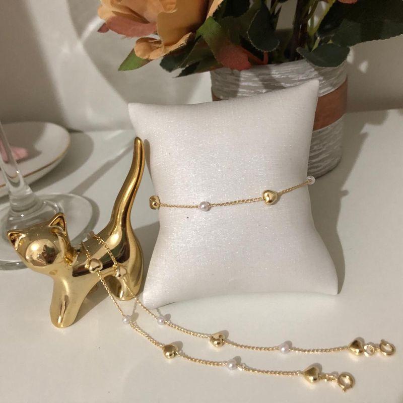 Pulseira Pérola e Coração Cheio 15cm + 5cm Extensor Banhado a Ouro 18k