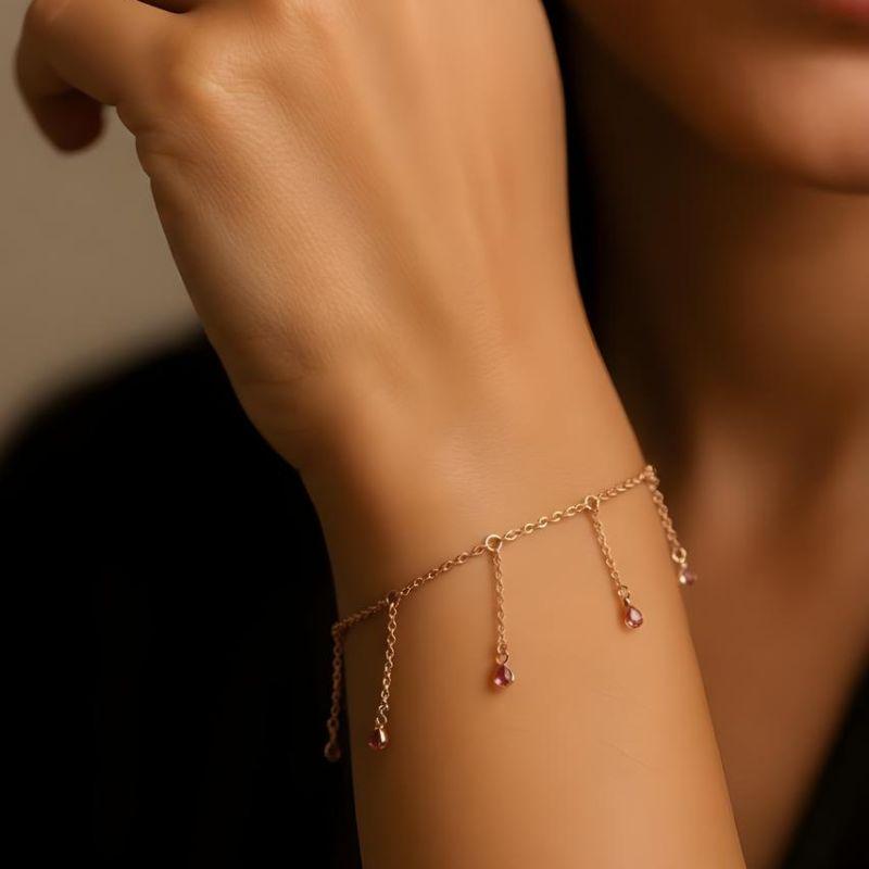 Pulseira Elo Português com Cristais Fuchsia 15cm + 5cm Banhada a Ouro 18k