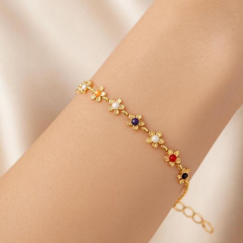 Pulseira Flores com Missangas Coloridas 14cm + 5cm Banhada a Ouro 18k