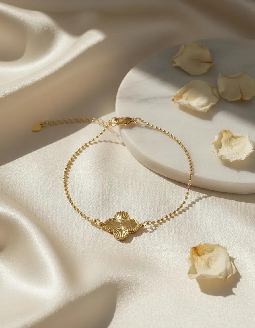 Pulseira Corrente Bolinha com Trevo Dourado 16cm + 5cm Banhado a Ouro 18k