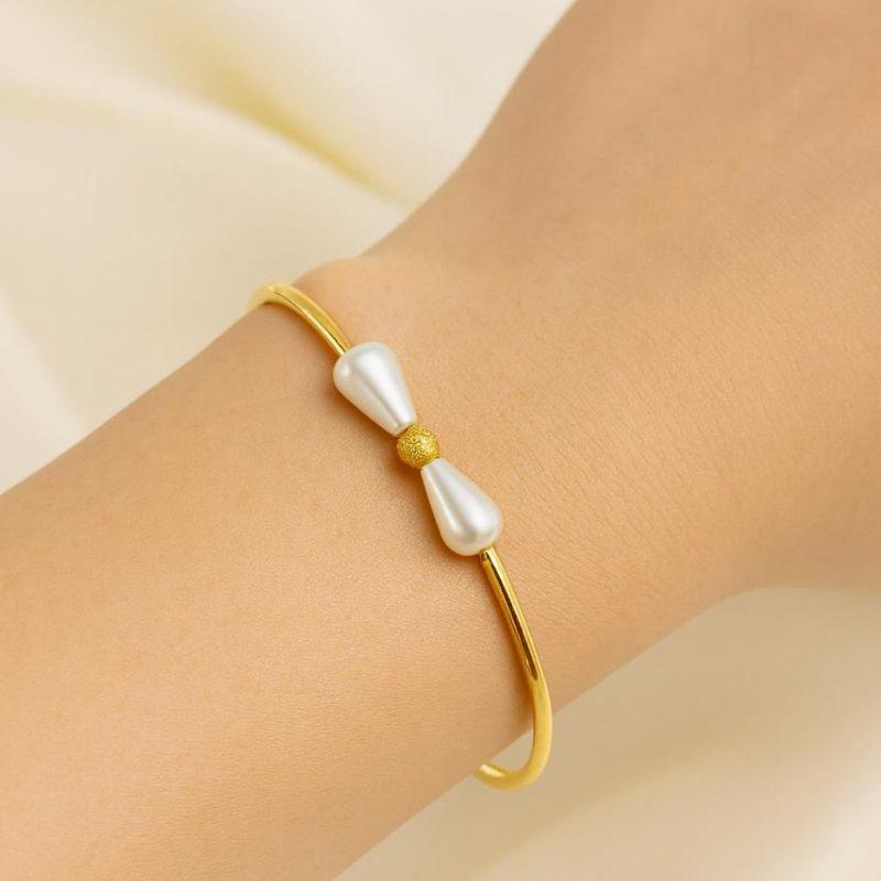 Pulseira Dourada Laço de Pérola 17cm + 5cm Banhado a Ouro 18k