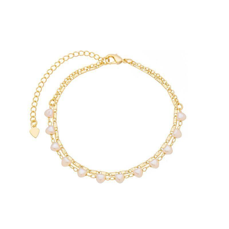 Pulseira Dupla Elos e Pérolas em Coração 16cm + 5cm Banhada a Ouro 18k