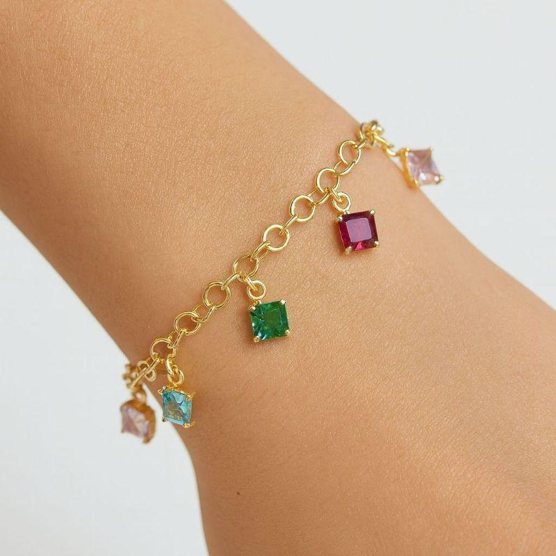 Pulseira Elos Português com Pingentes Zirconias Color 17cm + 5cm Extensor Banhado a Ouro 18k