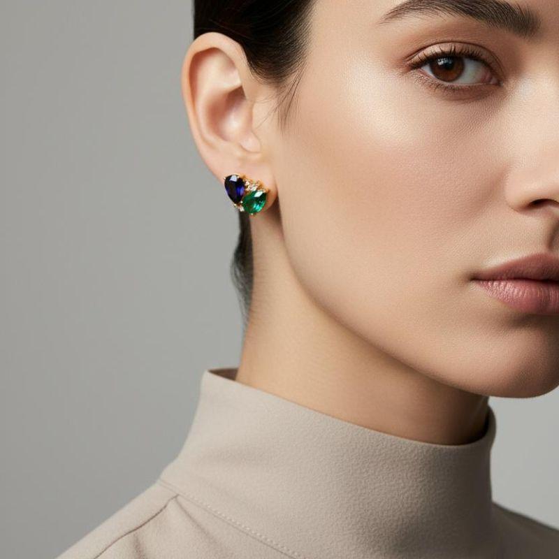 Brinco Ear Cuff Festa Luxo Cristal Verde Turmalina e Ametista Banhado a Ouro 18k