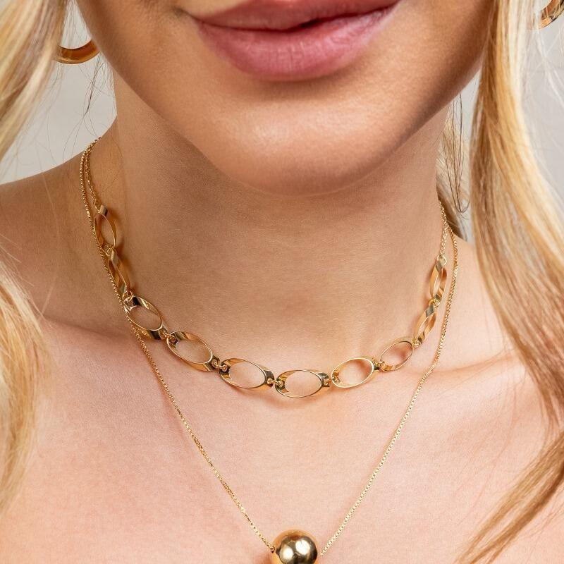 Choker Elos Ovais 35cm + 10cm Extensor Banhado a ouro 18k