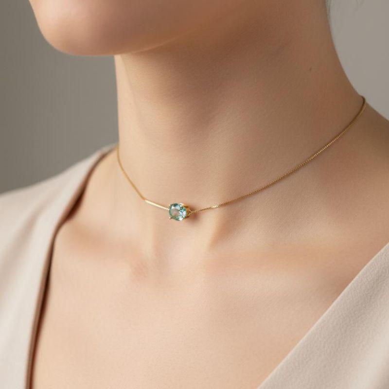 Choker Ponto de Luz Pedra Fusion Aquamarine 35cm + 10cm Banhado a Ouro 18k