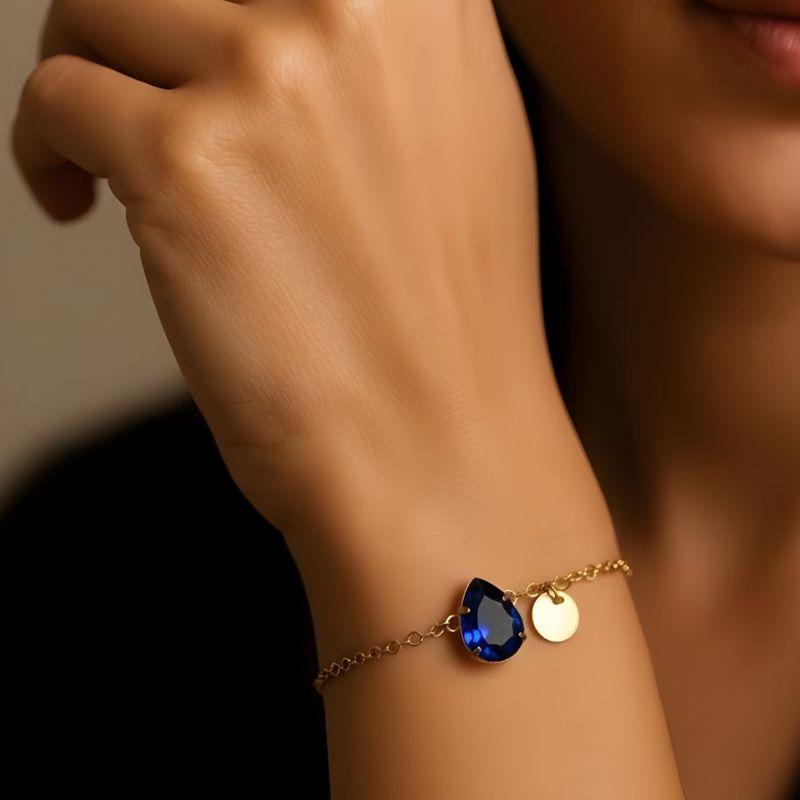 Pulseira Elos Coração com Pingente Gota Azul e Plaquinha 18cm Banhada a Ouro 18k