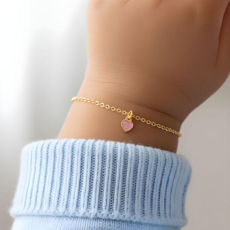Pulseira Infantil com Pingente Coração Rosa 14cm + 3cm Banhado a Ouro 18k