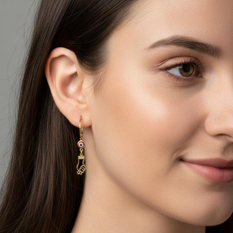 Brinco Argola com Pingente Olho Grego e Figa Banhada a Ouro 18k