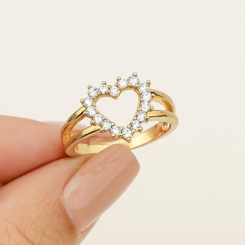 Anel Coração Vazado Cravejado em Zircônia com Dois Aros Banhado a Ouro 18k