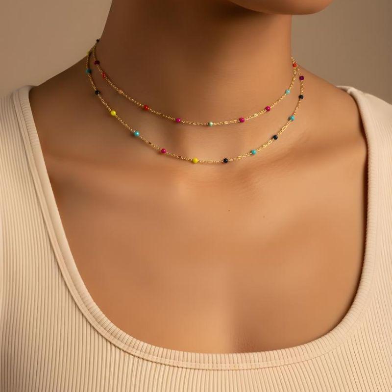 Choker Microbolinhas Coloridas 30cm + 10cm Extensor Banhada a Ouro 18k