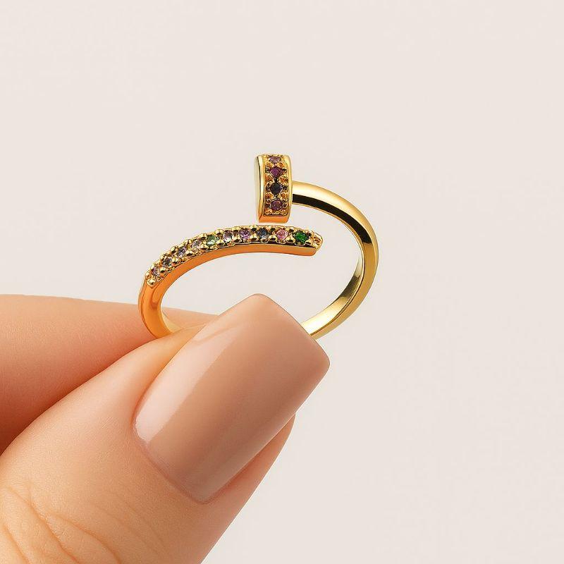 Anel Prego Ajustável Cravejado em Microzirconias Color Banhado a Ouro 18k
