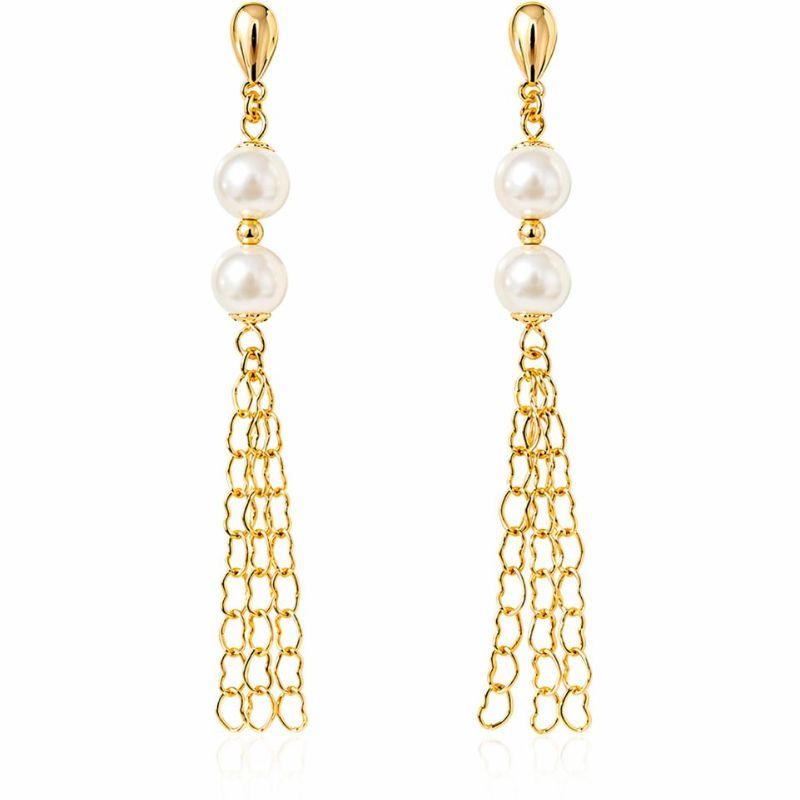 Brinco Longo Duas Pérolas e Três Correntes Elos Coração Banhada a Ouro 18k