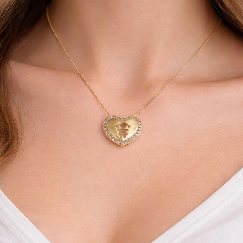 Colar com Pingente Coração Liso com as Bordas Cravejadas em Zircônias Menina Vazada 45cm Banhado em Ouro 18k