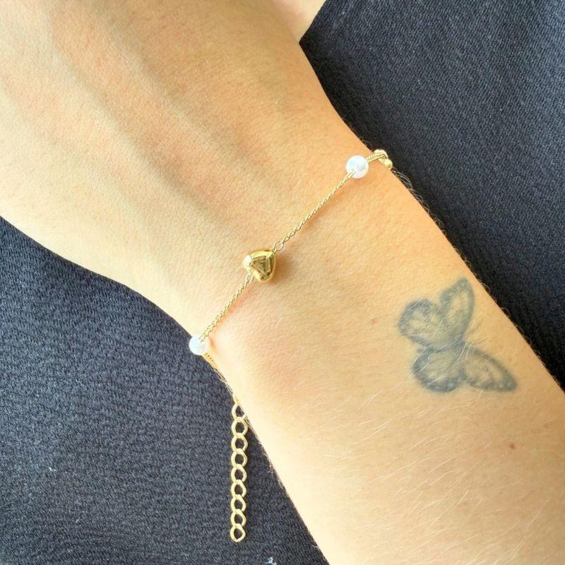 Pulseira Pérola e Coração Cheio 15cm + 5cm Extensor Banhado a Ouro 18k