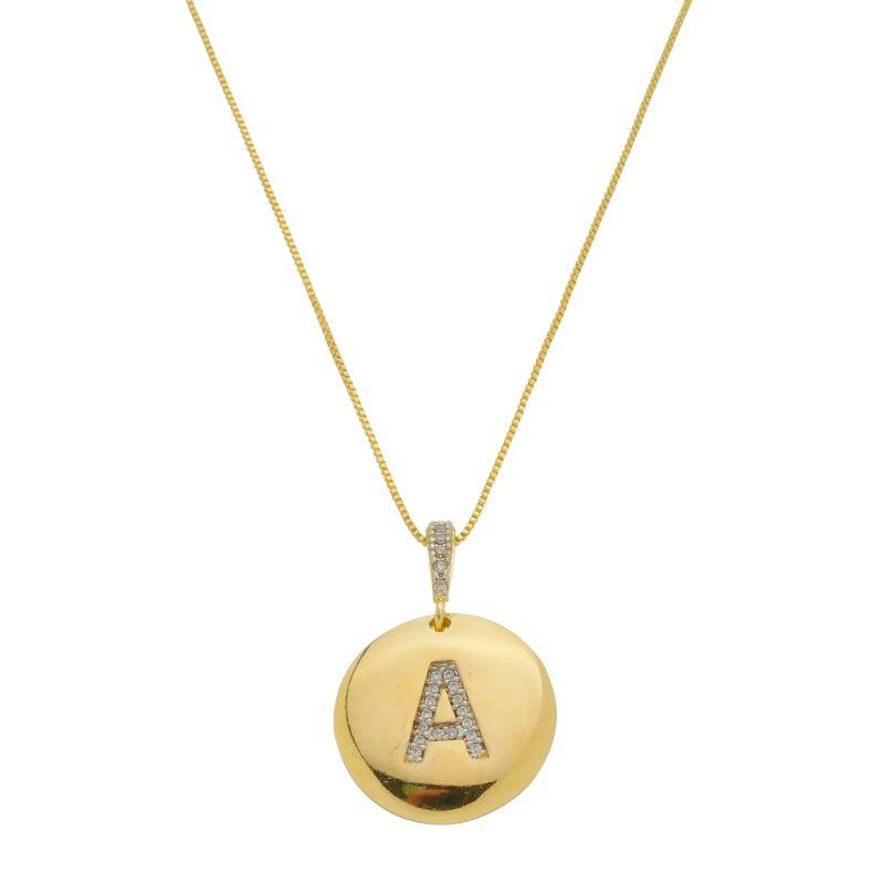 A - Colar Medalha com Letra Inicial  Cravejado em Micro Zircônias 50cm Banhado a Ouro 18k