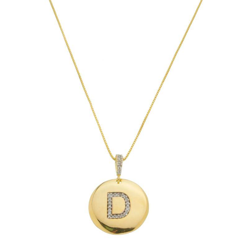 D - Colar Medalha com Letra Inicial  Cravejado em Micro Zircônias 50cm Banhado a Ouro 18k