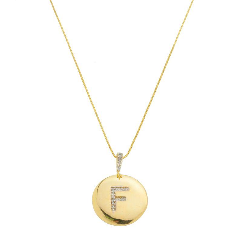 F - Colar Medalha com Letra Inicial  Cravejado em Micro Zircônias 50cm Banhado a Ouro 18k