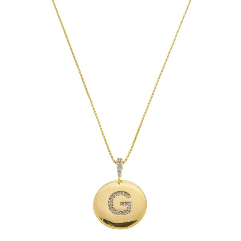G - Colar Medalha com Letra Inicial  Cravejado em Micro Zircônias 50cm Banhado a Ouro 18k