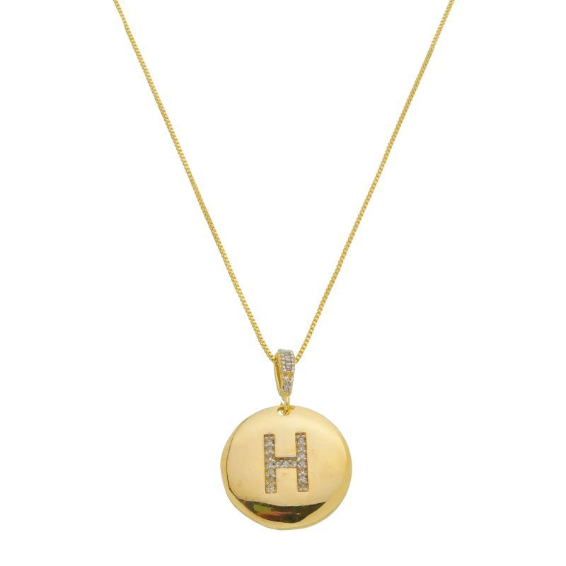 H - Colar Medalha com Letra Inicial  Cravejado em Micro Zircônias 50cm Banhado a Ouro 18k