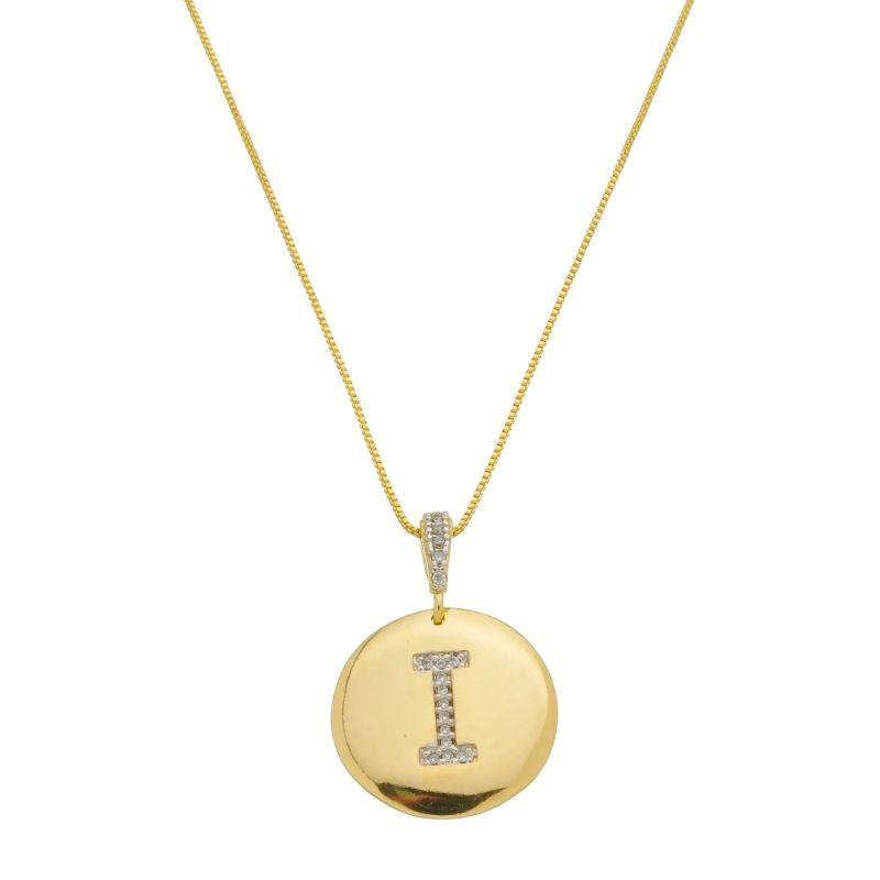 I - Colar Medalha com Letra Inicial  Cravejado em Micro Zircônias 50cm Banhado a Ouro 18k