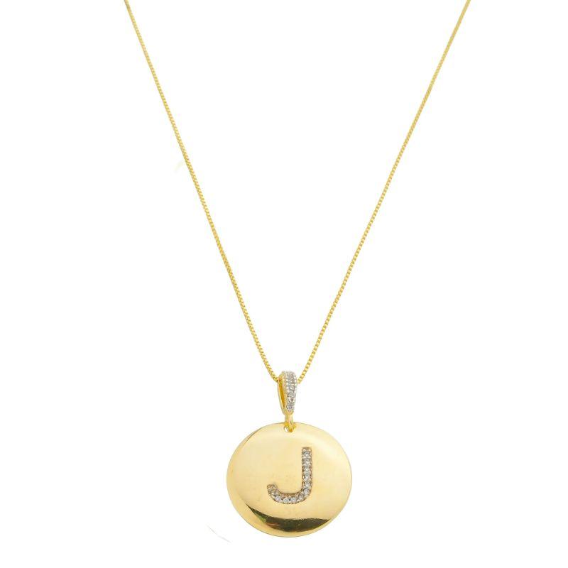 J - Colar Medalha com Letra Inicial  Cravejado em Micro Zircônias 50cm Banhado a Ouro 18k