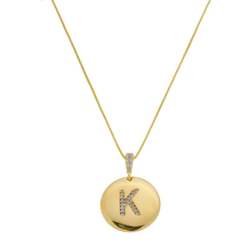 K - Colar Medalha com Letra Inicial  Cravejado em Micro Zircônias 50cm Banhado a Ouro 18k