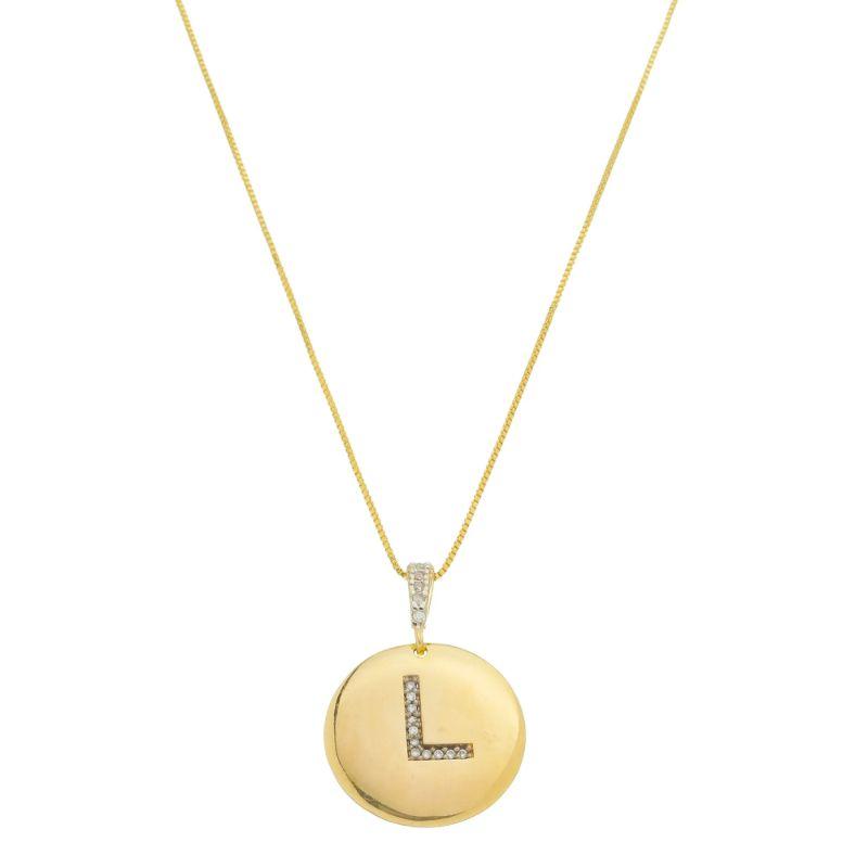 L - Colar Medalha com Letra Inicial  Cravejado em Micro Zircônias 50cm Banhado a Ouro 18k