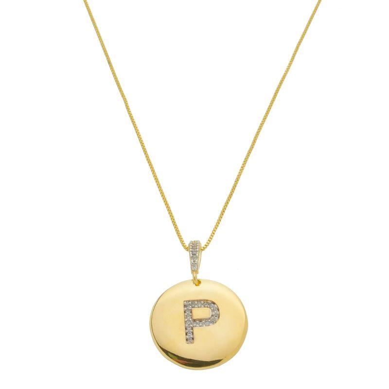 P - Colar Medalha com Letra Inicial  Cravejado em Micro Zircônias 50cm Banhado a Ouro 18k