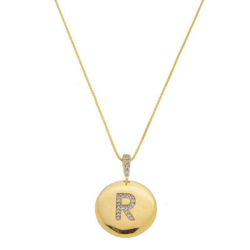 R - Colar Medalha com Letra Inicial  Cravejado em Micro Zircônias 50cm Banhado a Ouro 18k