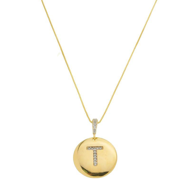 T - Colar Medalha com Letra Inicial  Cravejado em Micro Zircônias 50cm Banhado a Ouro 18k