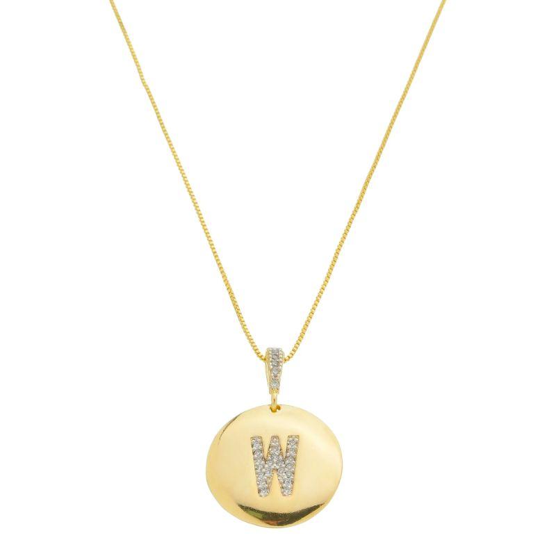 W - Colar Medalha com Letra Inicial  Cravejado em Micro Zircônias 50cm Banhado a Ouro 18k