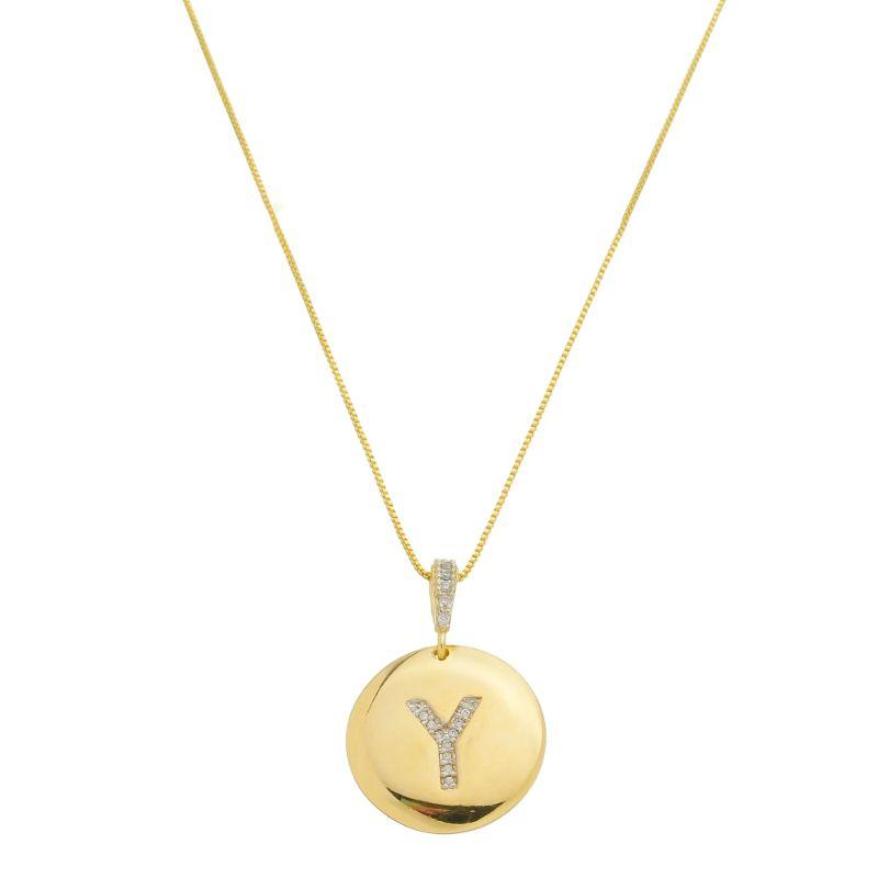Y - Colar Medalha com Letra Inicial  Cravejado em Micro Zircônias 50cm Banhado a Ouro 18k