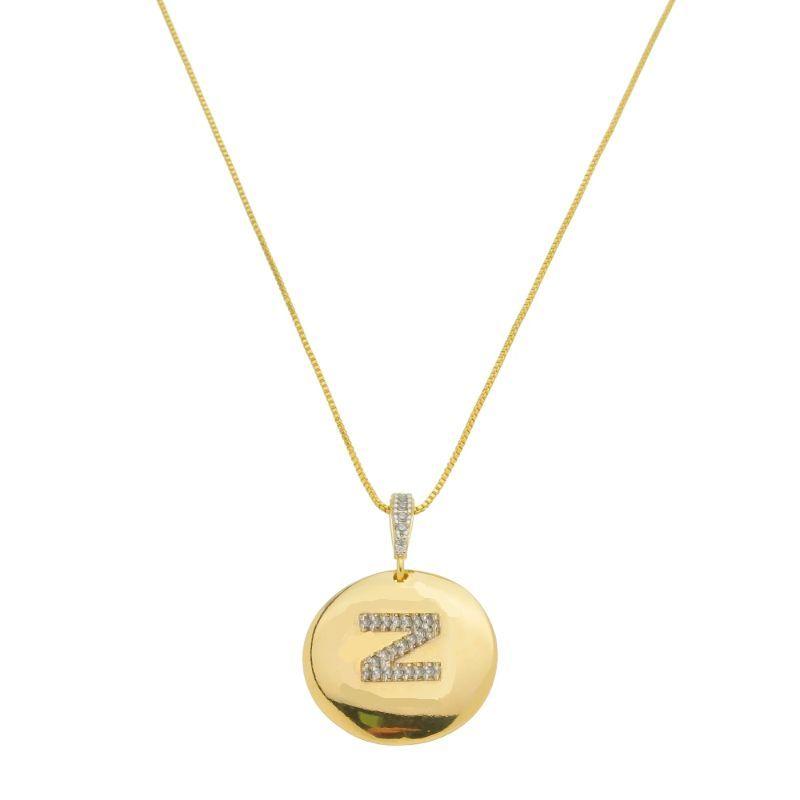 Z - Colar Medalha com Letra Inicial  Cravejado em Micro Zircônias 50cm Banhado a Ouro 18k